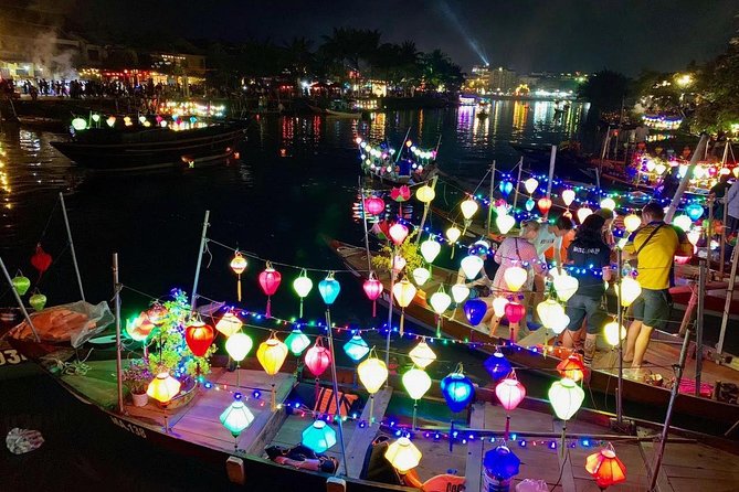 Coconut Basket boat, City tour, Boat ride, Night market from DN - Hoai River lantern release on a long-tail boat