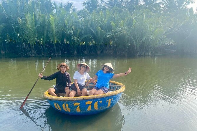 Lady Buddha, Marble Mountains, Coconut Jungle & Hoian City Tour - Cam Thanh Coconut Jungle basket boat, Bay Mau, and net casting practice